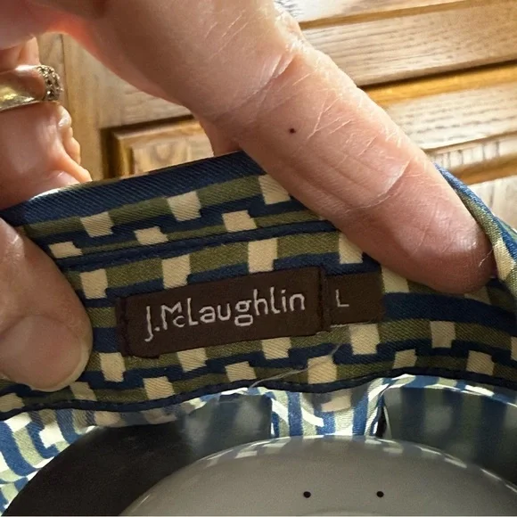 J. McLaughlin Green Blue Geometric Silk Shirt Dress Drawstring Waist L - Picture 2 of 13